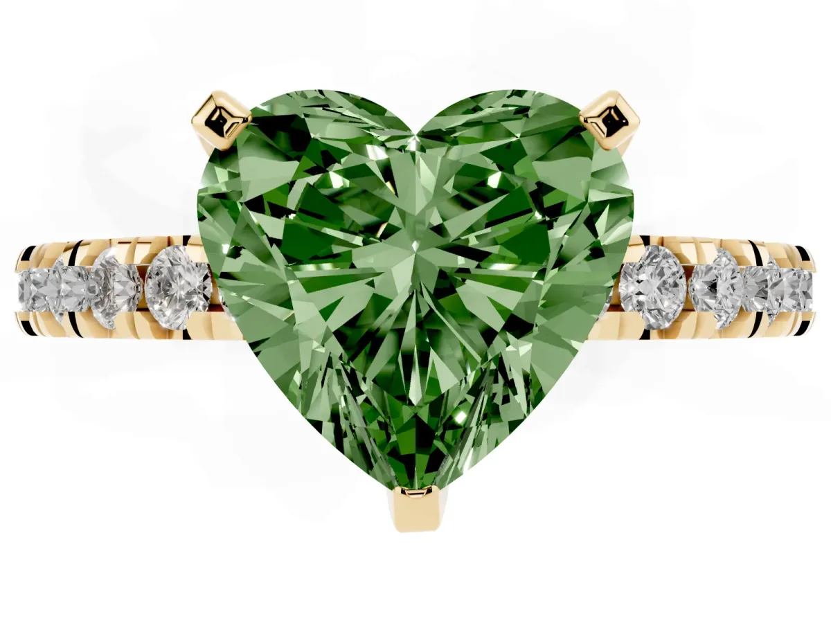 Fancy Green Heart Cut Diamond Pavé Band Solitaire with Four-Prong Setting Yellow gold