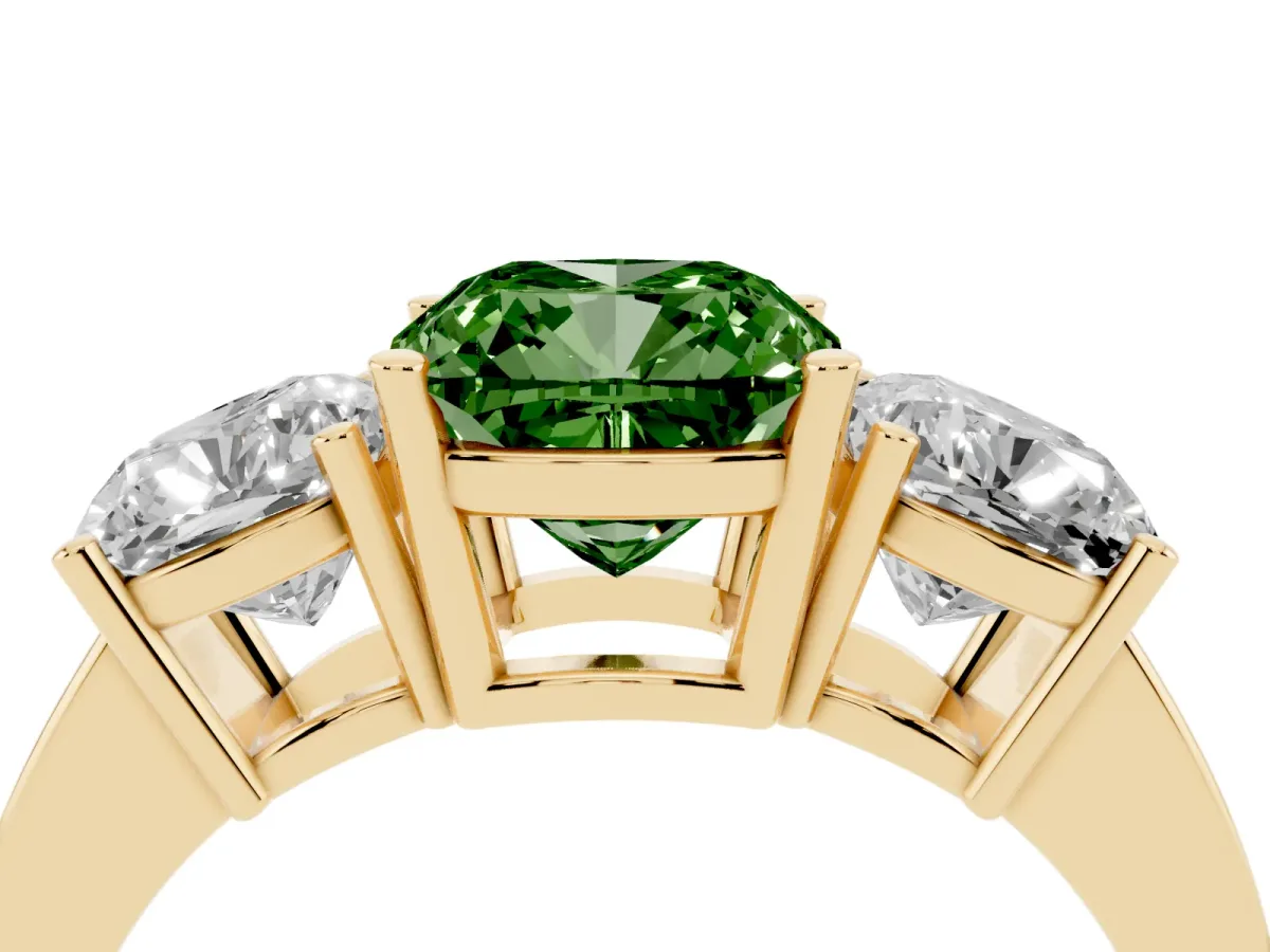 Fancy Green Three-Stone Cushion Cut Cut Diamond Engagement Ring with Flat Band and Four-Prong Setting Yellow gold