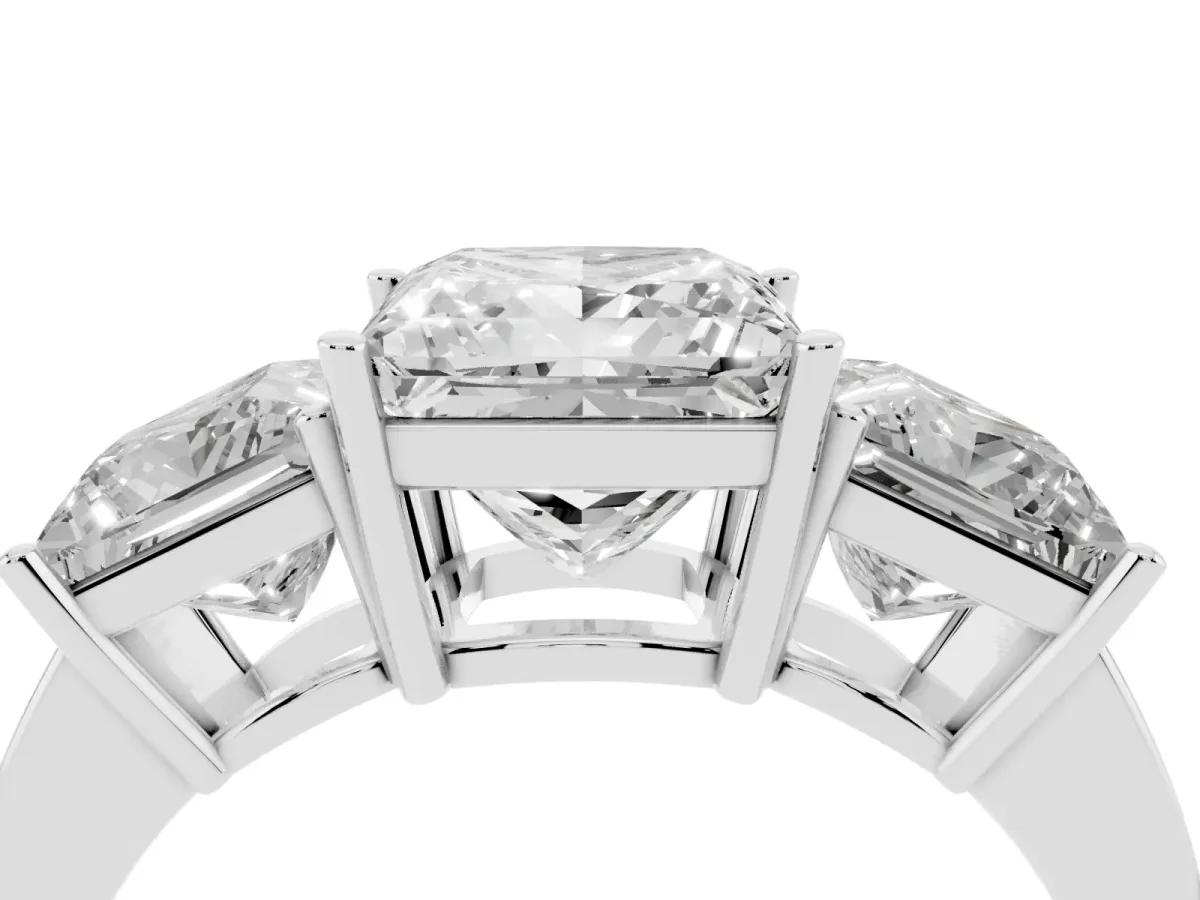 Three-Stone Princess Cut Cut Diamond Engagement Ring with Flat Band and Four-Prong Setting Silver