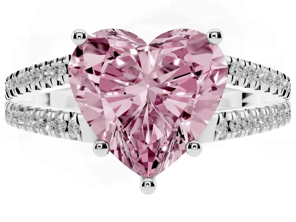 Fancy Pink Heart Cut Diamond Solitaire Engagement Ring with Split Shank Pavé Band Silver