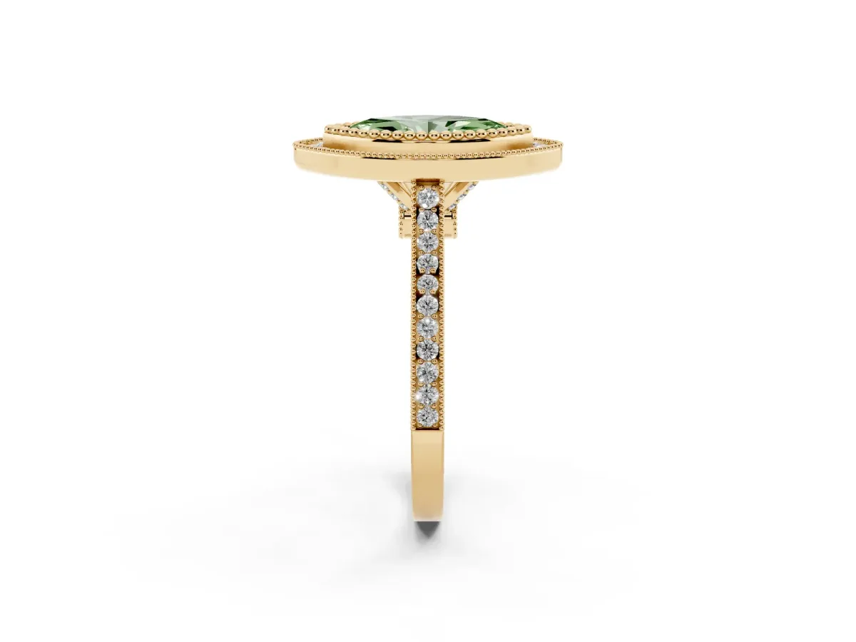 Fancy Green Marquise Cut Diamond Halo Ring with Milgrain Frame and Pavé Band Yellow gold