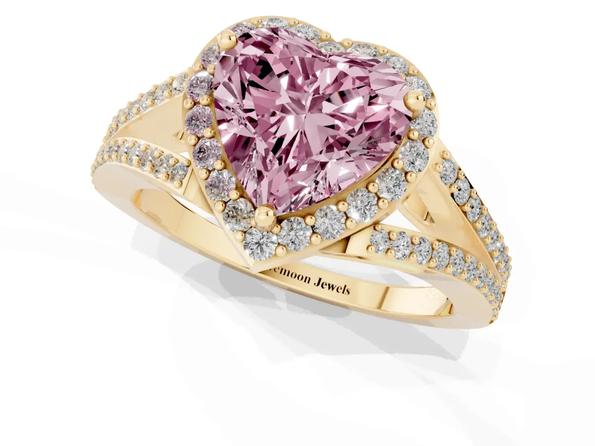 Fancy Pink Heart Cut Halo Split Shank Diamond Ring with Prong Setting Yellow gold