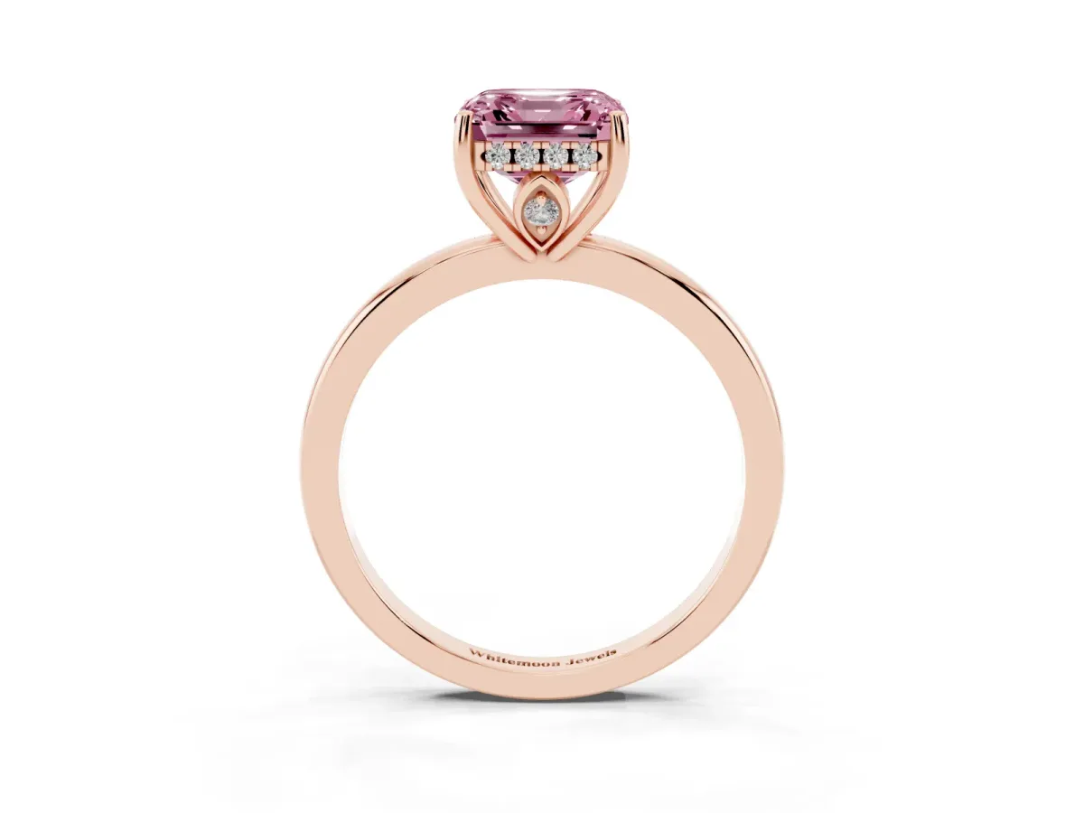 Fancy Pink Asscher Cut Solitaire Diamond Ring with Prong Setting and Plain Band Rose gold