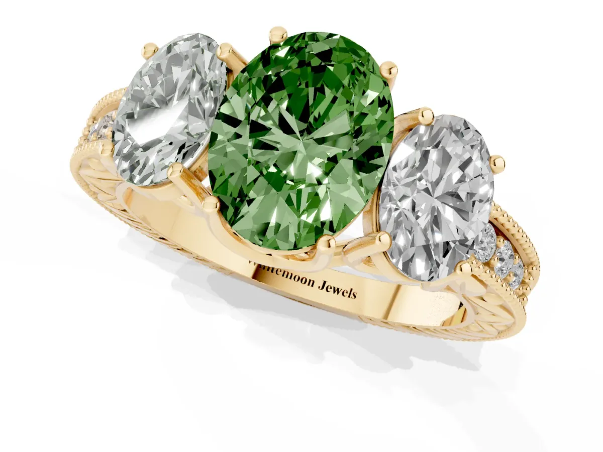 Fancy Green Three-Stone Oval Cut Cut Milgrain Pavé Engagement Ring Yellow gold