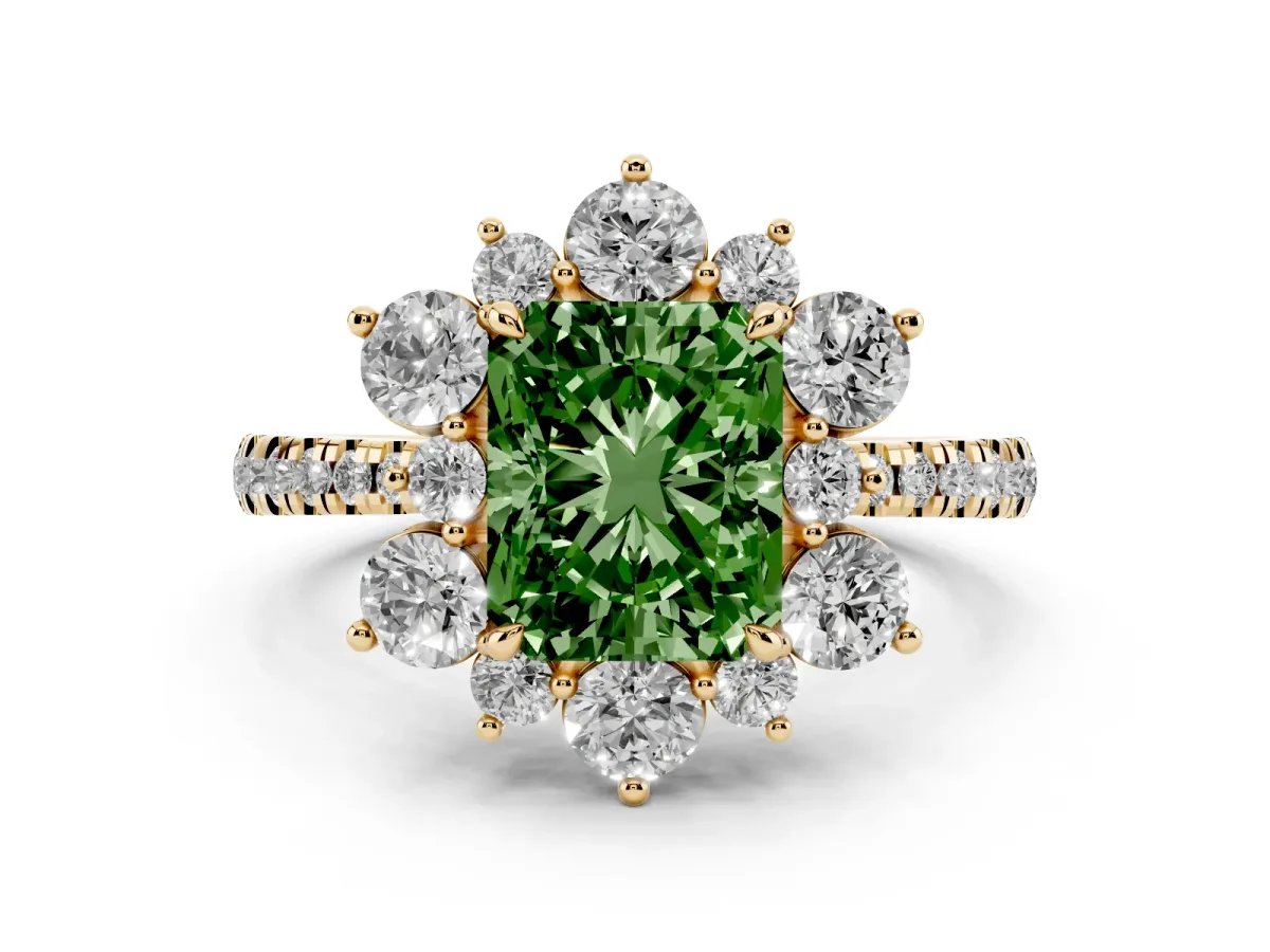 Fancy Green Radiant Cut Diamond Floral Halo Ring with Round Pavé Band and Prong Setting Yellow gold
