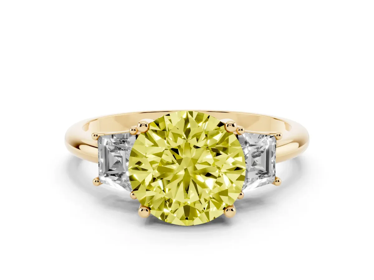 Fancy Yellow Round Cut Diamond Three-Stone Ring with Trapezoid Side Stones and Prong Setting Yellow gold
