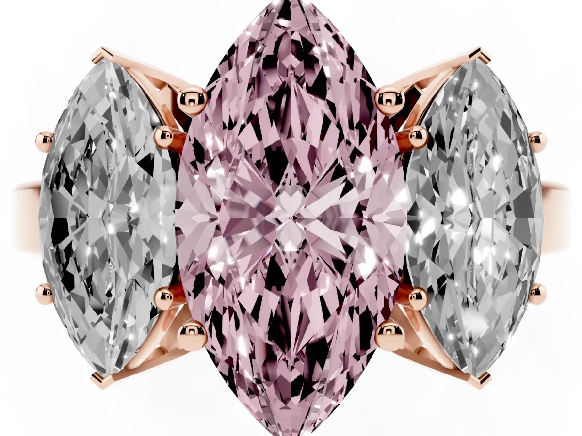 Fancy Pink Three-Stone Marquise Cut Cut Diamond Engagement Ring with Flat Band and Four-Prong Setting Rose gold