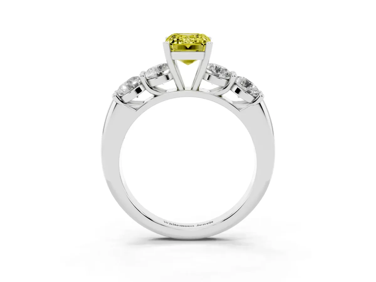 Fancy Yellow Emerald Cut Cut Five-Stone Prong Set Diamond Ring with Classic Band Platinum