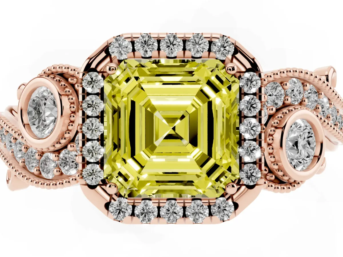 Fancy Yellow Asscher Cut Halo Diamond Ring with Milgrain and Bezel Accents on a Split Shank Band Rose gold