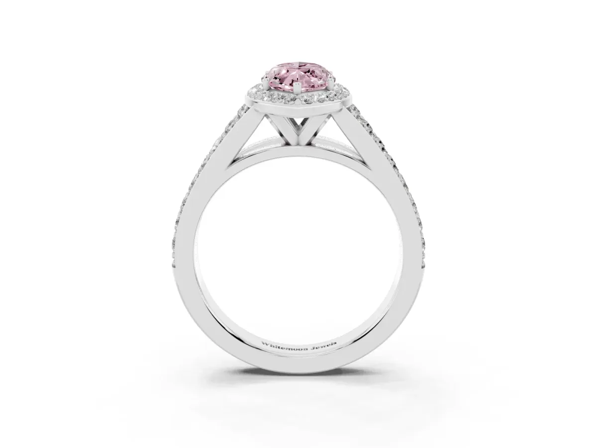 Fancy Pink Marquise Cut Diamond Split Shank Halo Ring with Four-Prong Setting Platinum