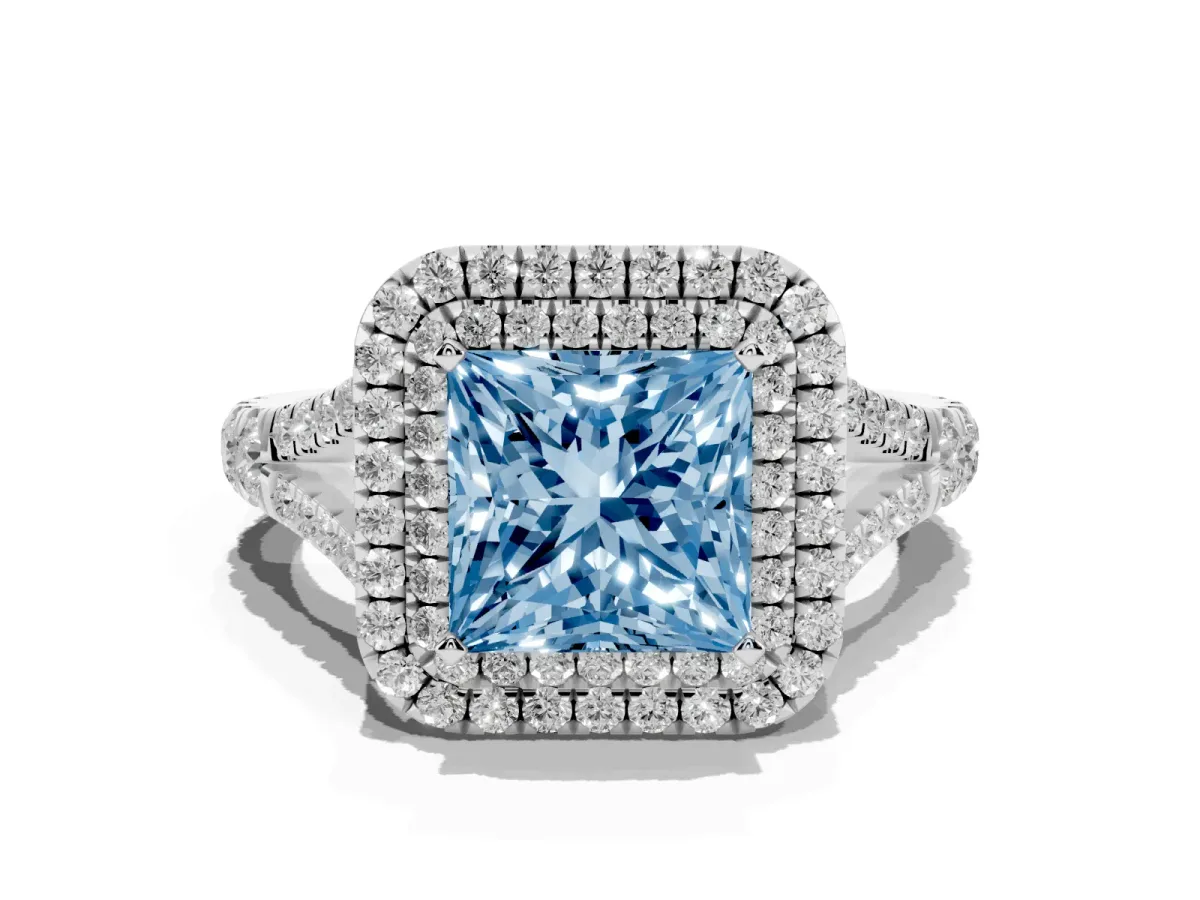 Fancy Blue Double Halo Princess Cut Diamond Split Shank Engagement Ring with Four-Prong Setting Platinum