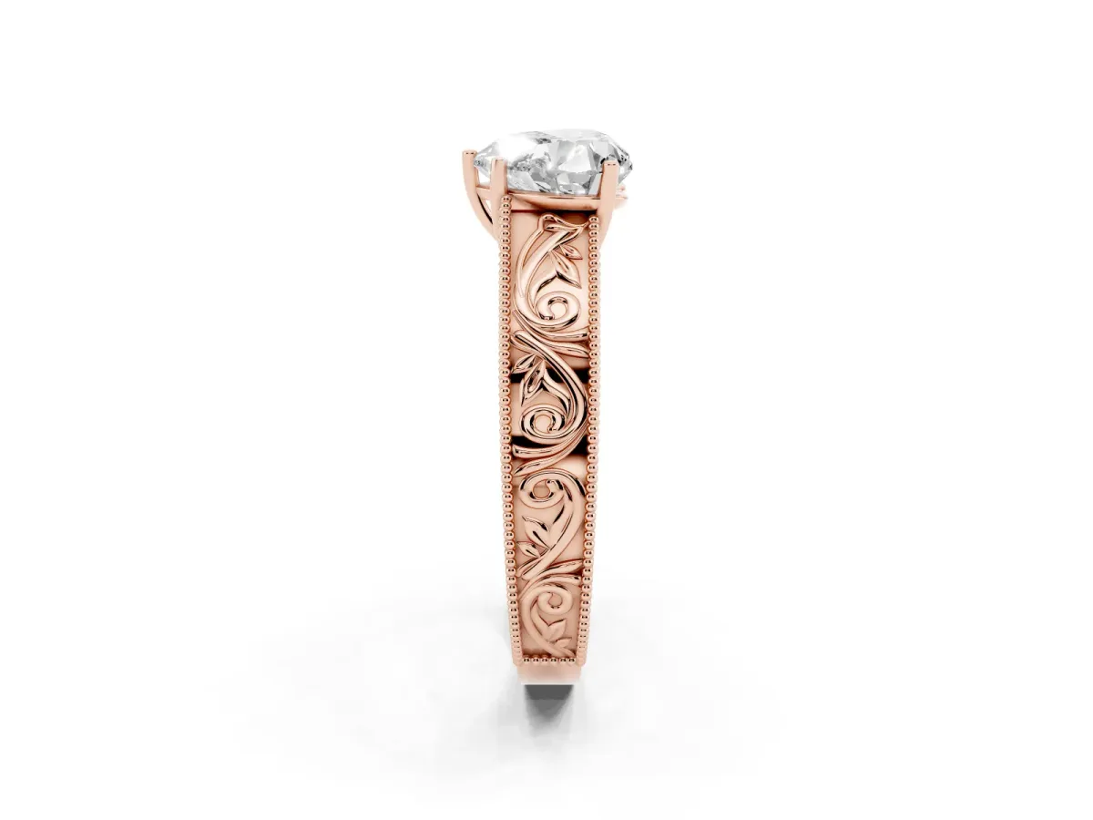 Heart Cut Diamond Solitaire Ring with Engraved Band and Four-Prong Setting Rose gold