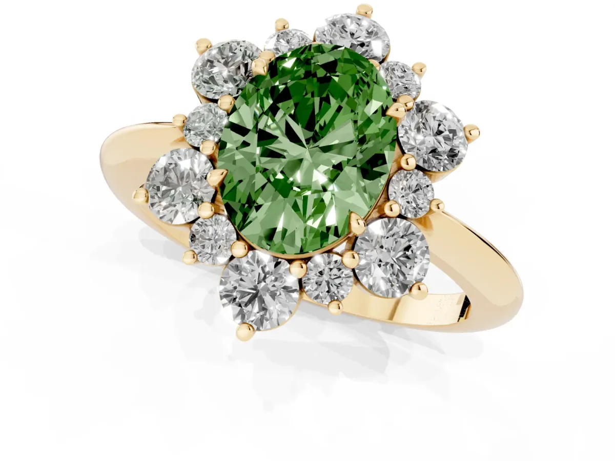 Fancy Green Oval Cut Diamond Cluster Halo Ring with Solitaire Band and Four-Prong Setting Yellow gold