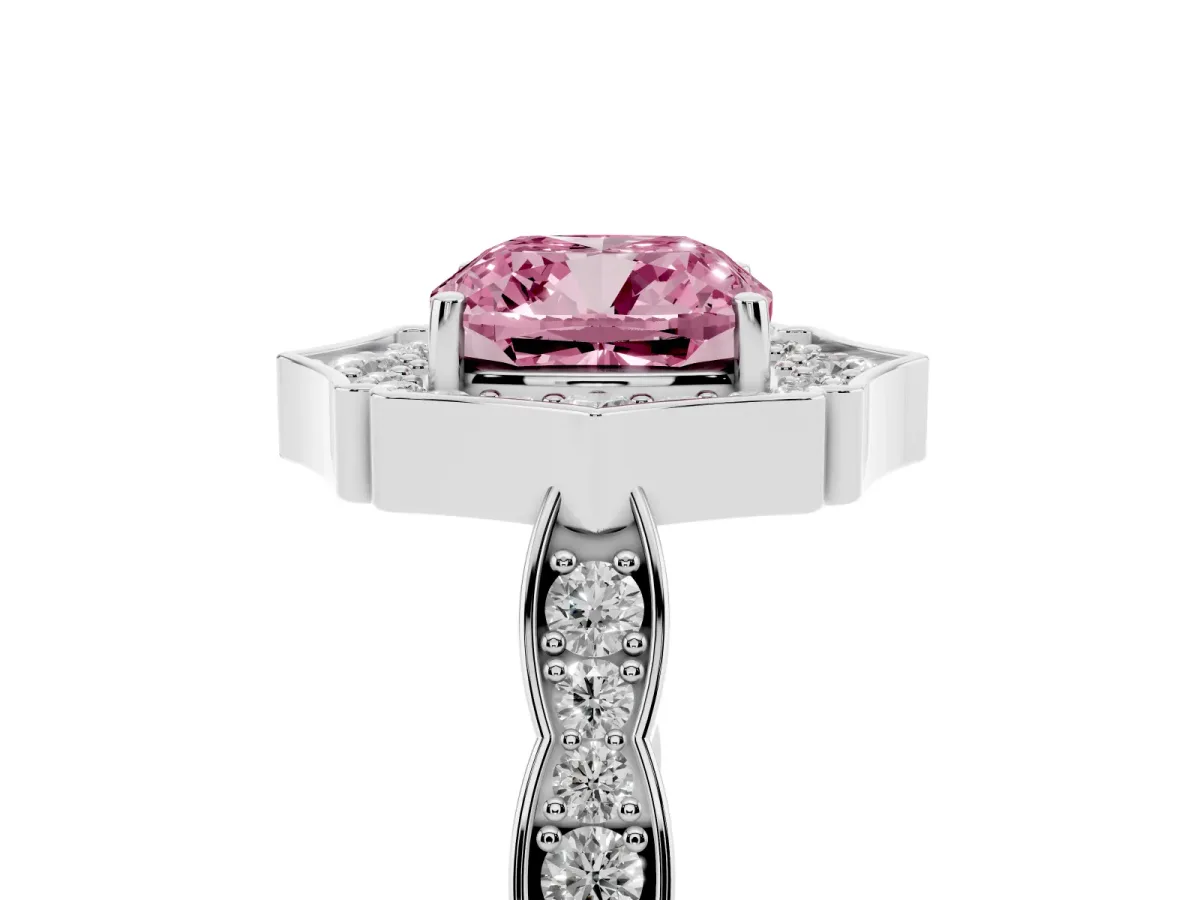 Fancy Pink Cushion Cut Halo Diamond Engagement Ring with Milgrain Band and Four-Prong Setting Silver