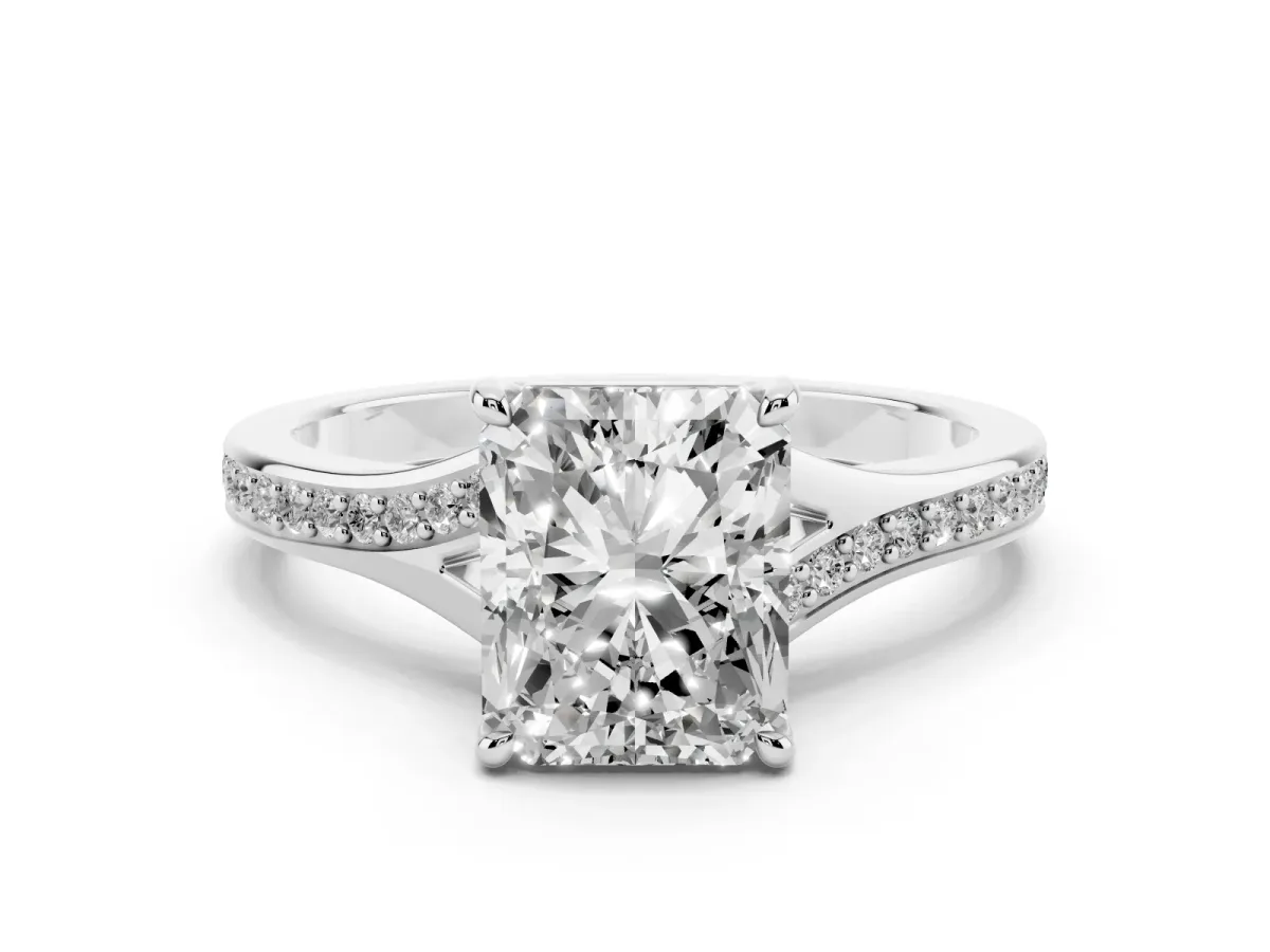 Radiant Cut Diamond Solitaire Ring with Pavé Band and Prong Setting Silver