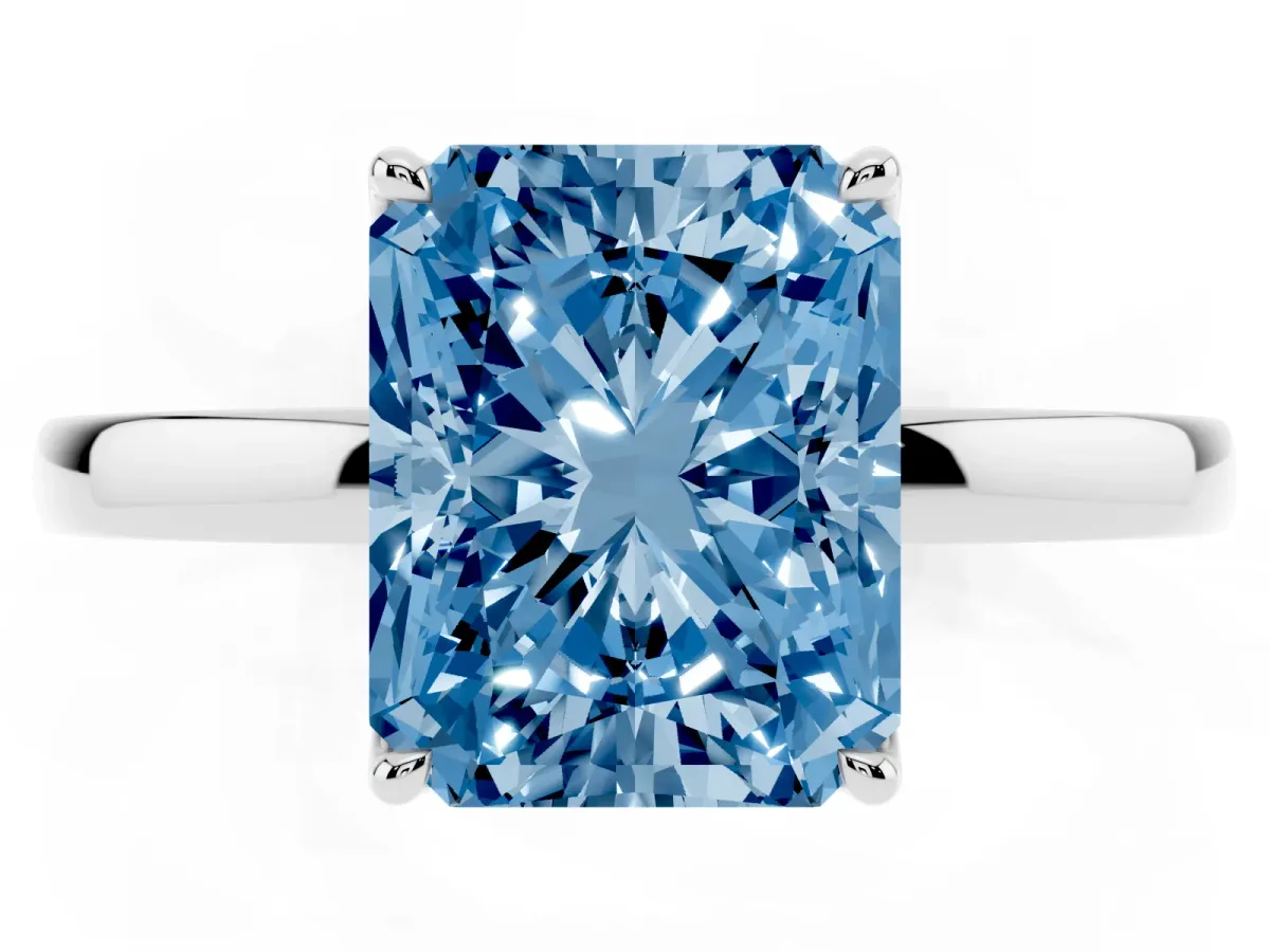 Fancy Blue Radiant Cut Diamond Solitaire Ring with Thin Band and Prong Setting White gold