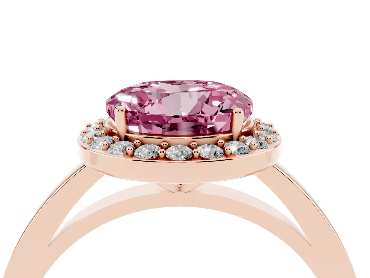 Fancy Pink Round Cut Halo Diamond Ring with Solitaire Band and Prong Setting Rose gold