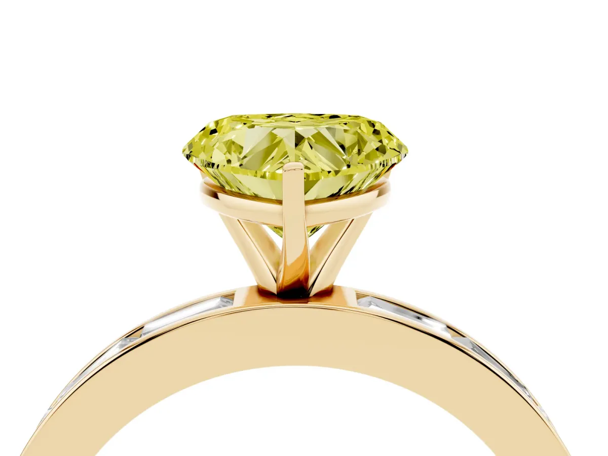 Fancy Yellow Heart Cut Solitaire Diamond Ring with Channel-Set Baguette Band and Four-Prong Setting Yellow gold
