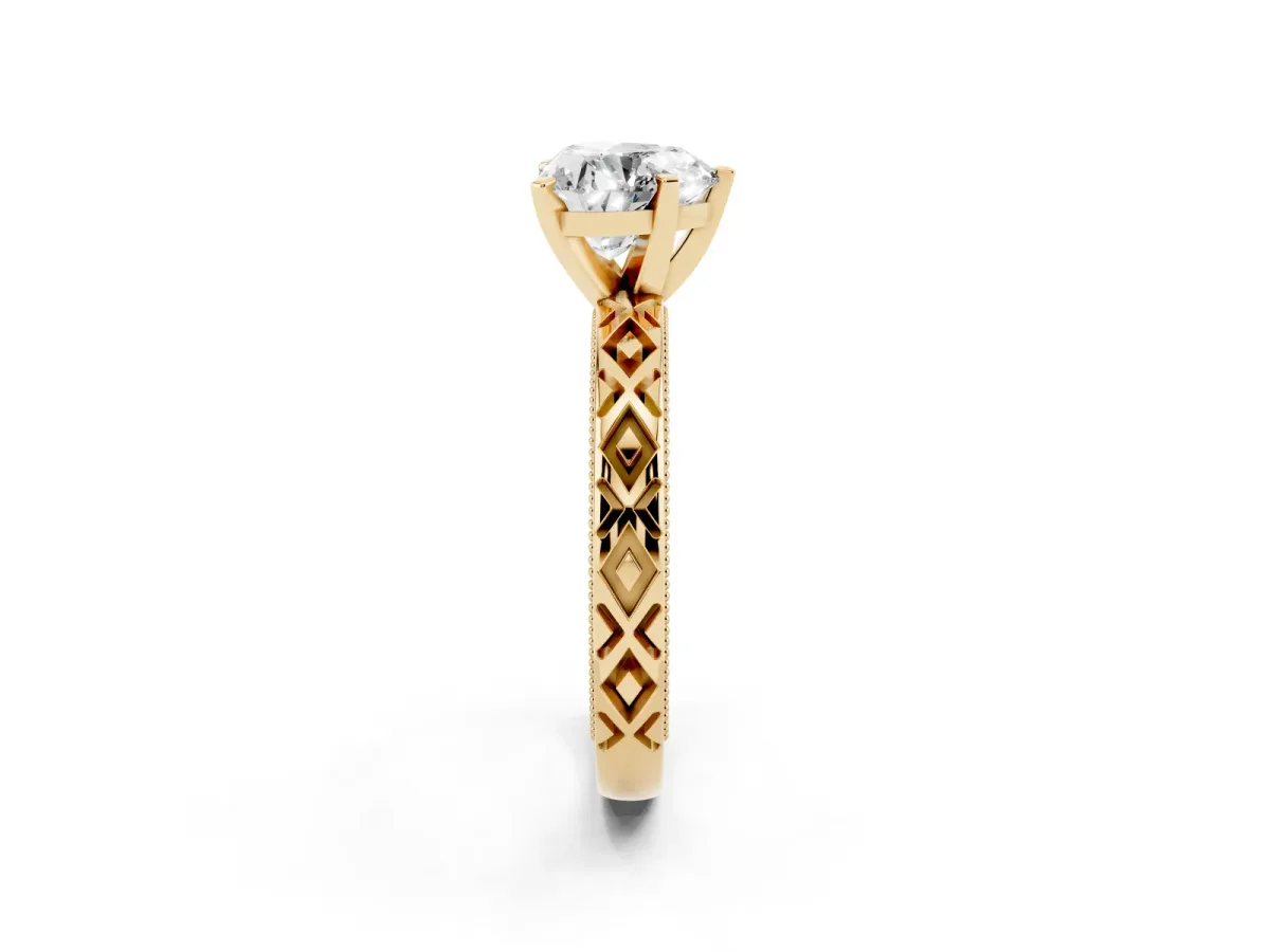Heart Cut Solitaire Diamond Ring with Milgrain and Black Enamel X Pattern Band Yellow gold
