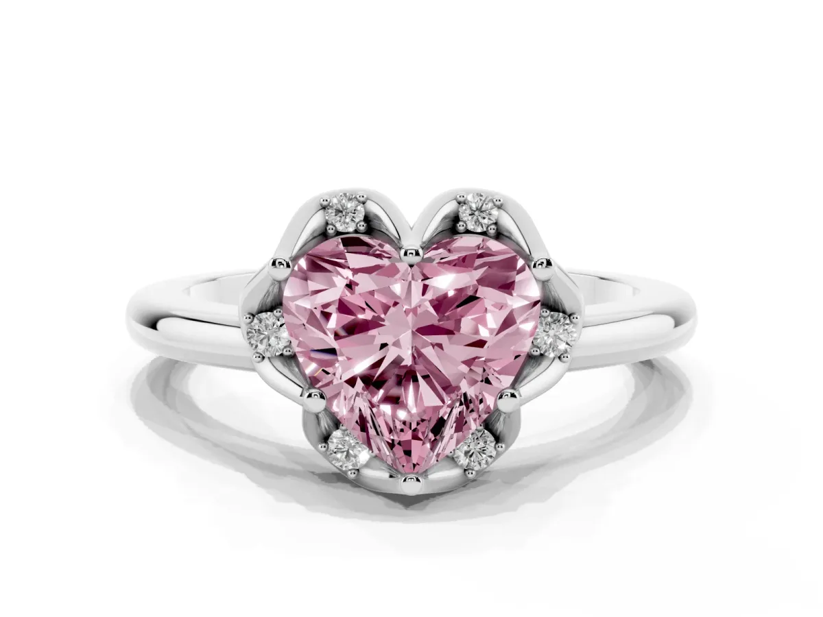 Fancy Pink Heart Cut Halo Diamond Ring with Round Cluster Setting, Solitaire Band, and Four-Prong Setting Silver
