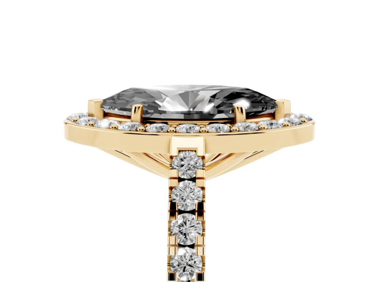 Fancy Black Marquise Cut Diamond Halo Ring with Round Pavé Split Shank and Prong Setting Yellow gold