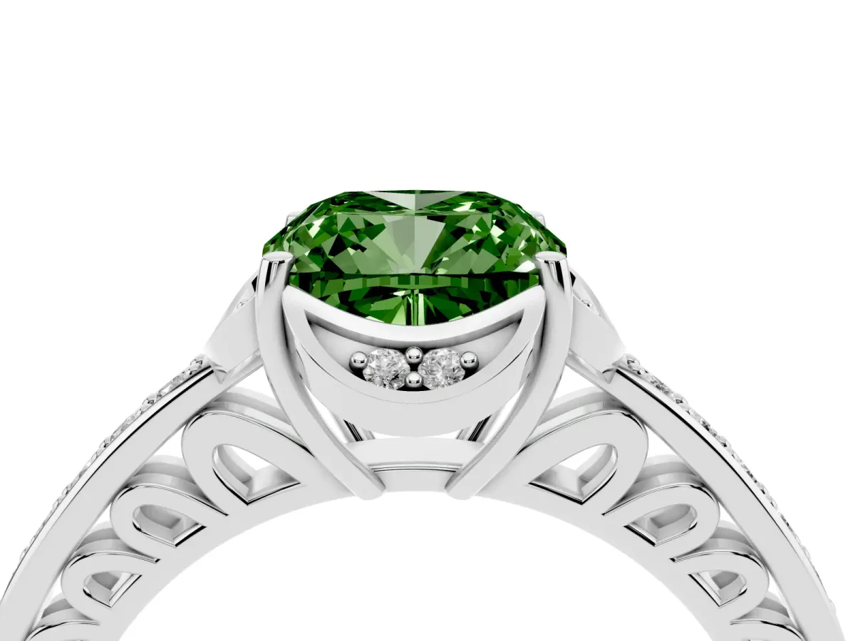 Fancy Green Cushion Cut Cut Halo Diamond Ring with Channel Set Band and Four-Prong Setting Platinum