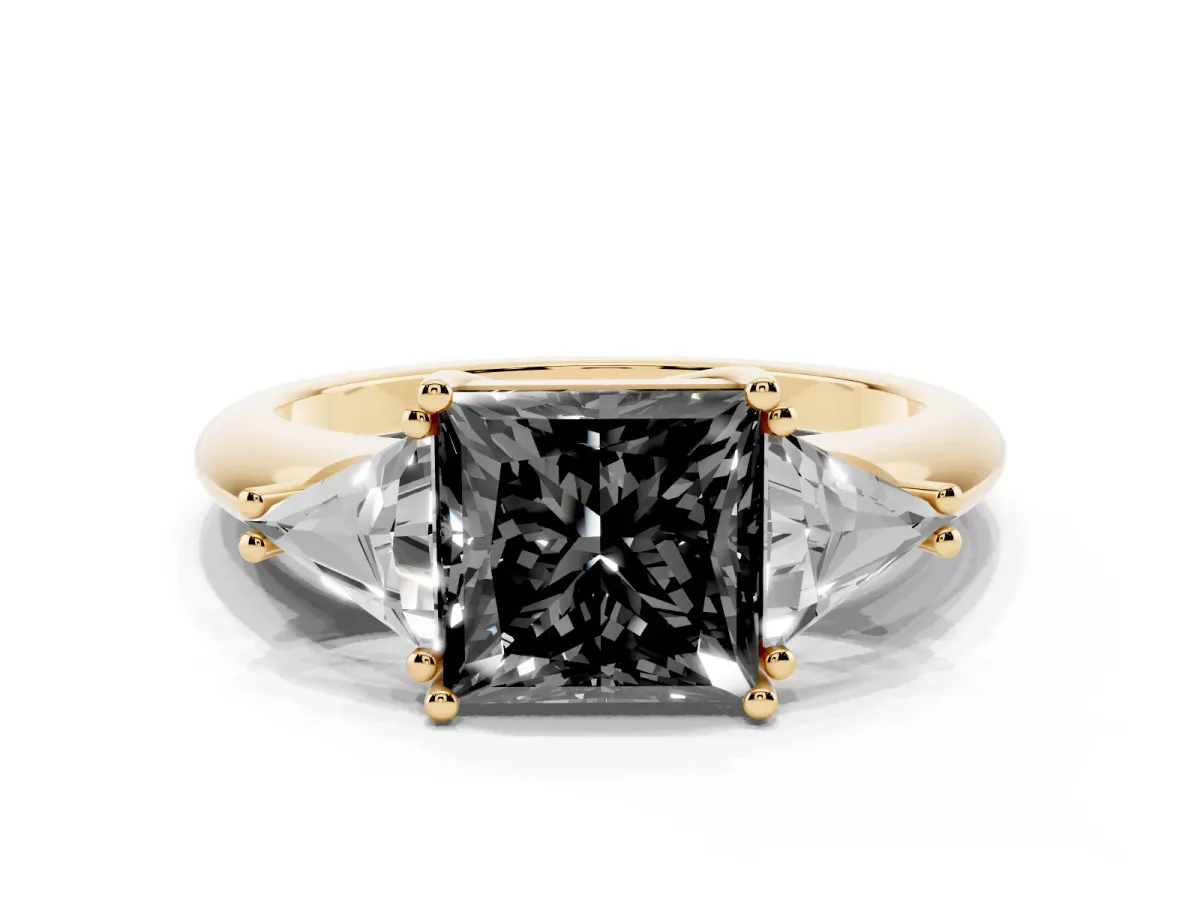 Fancy Black Three-Stone Princess Cut Diamond Engagement Ring with Trillion Side Stones and Prong Setting Yellow gold