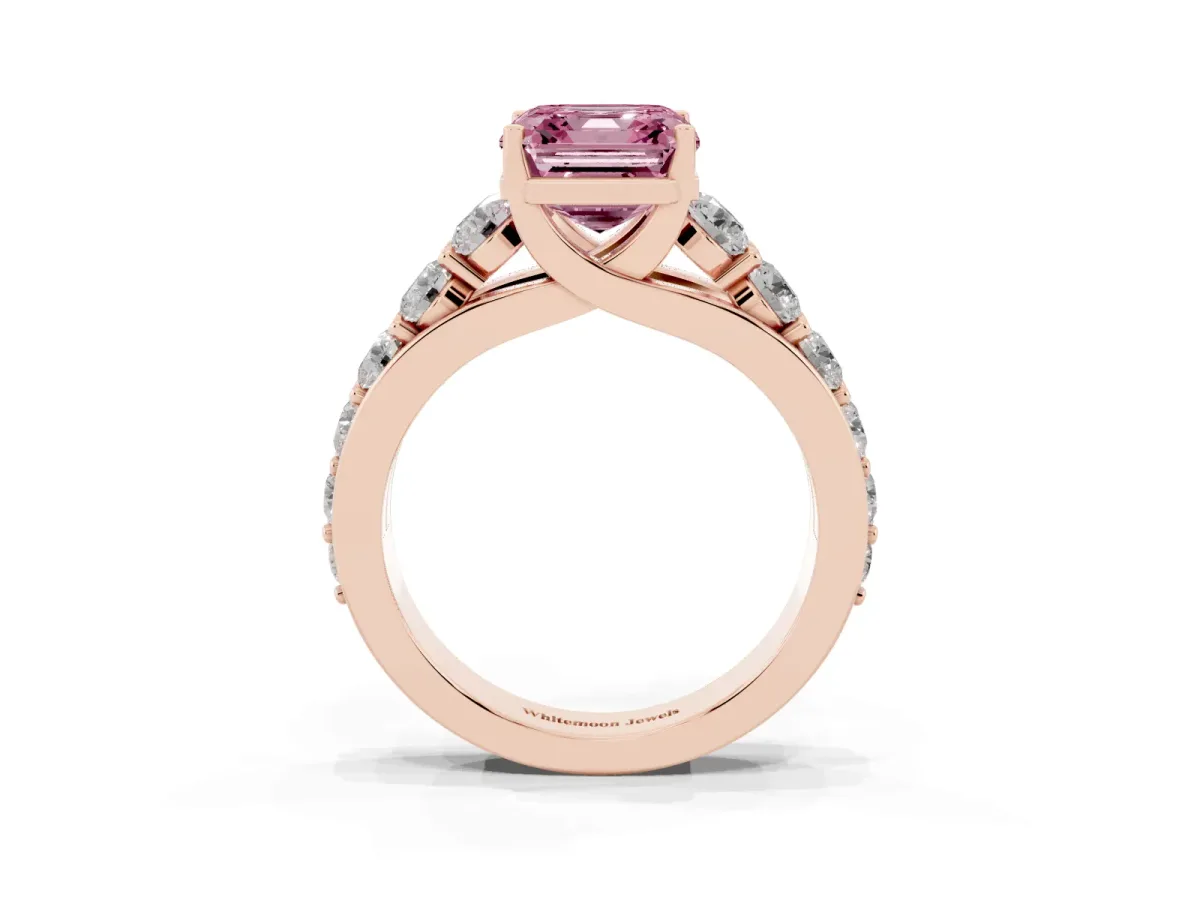 Fancy Pink Asscher Cut Diamond Engagement Ring with Pavé Band and Four-Prong Setting Rose gold
