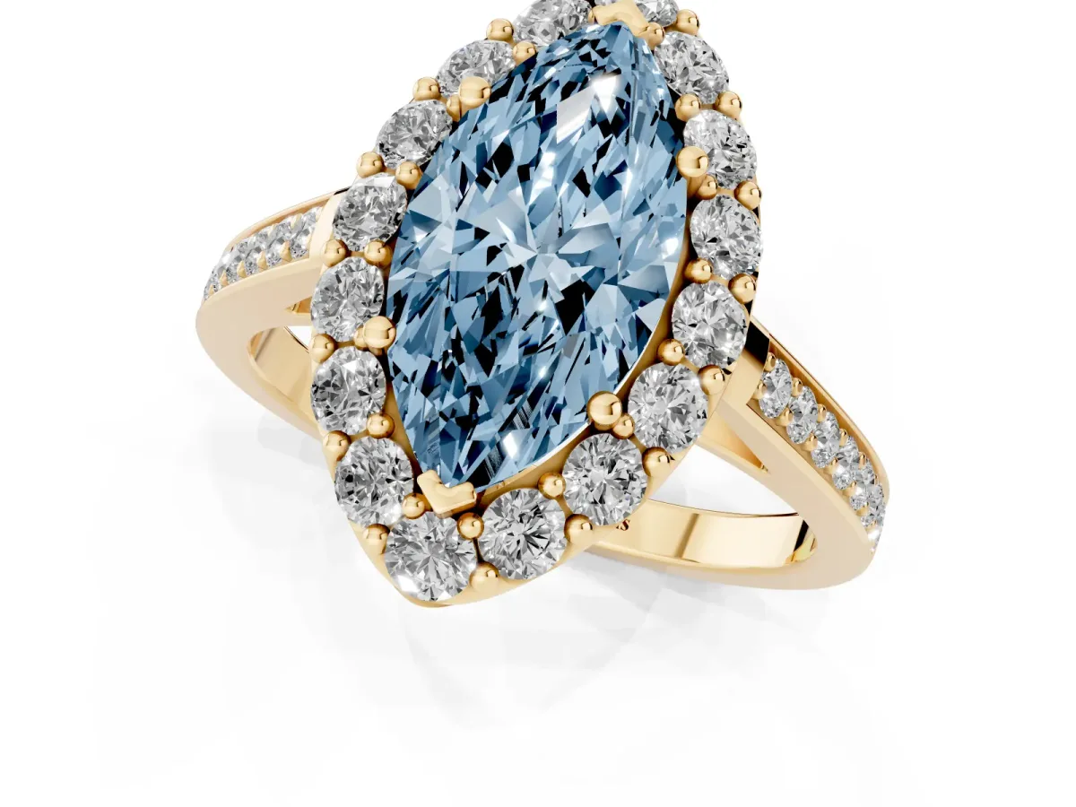 Fancy Blue Marquise Cut Diamond Floral Halo Ring with Pavé Band and Prong Setting Yellow gold
