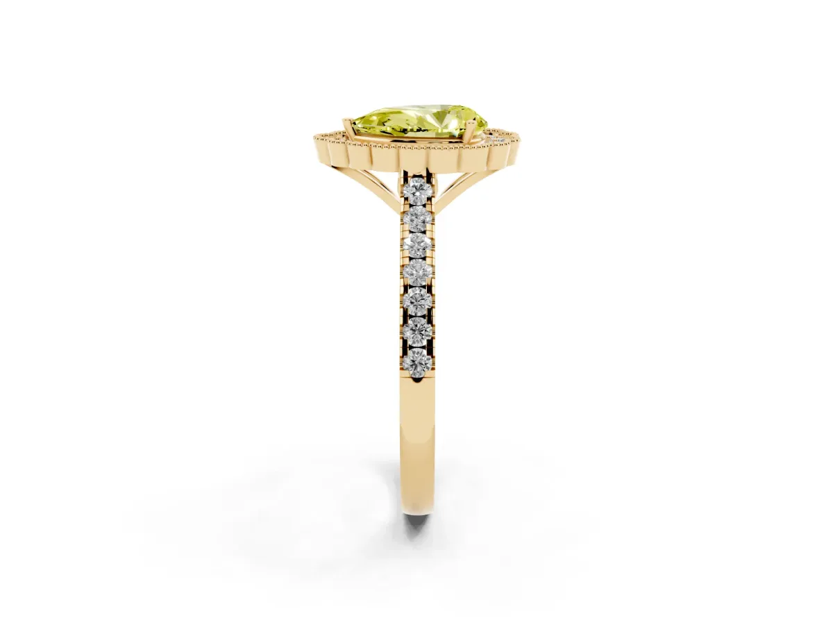 Fancy Yellow Pear Cut Cut Diamond Milgrain Floral Halo Engagement Ring with Pavé Band Yellow gold