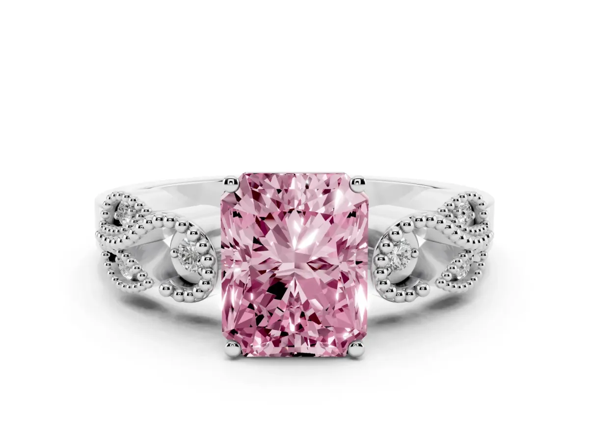 Fancy Pink Radiant Cut Solitaire Milgrain Leaf Band with Prong Setting Platinum