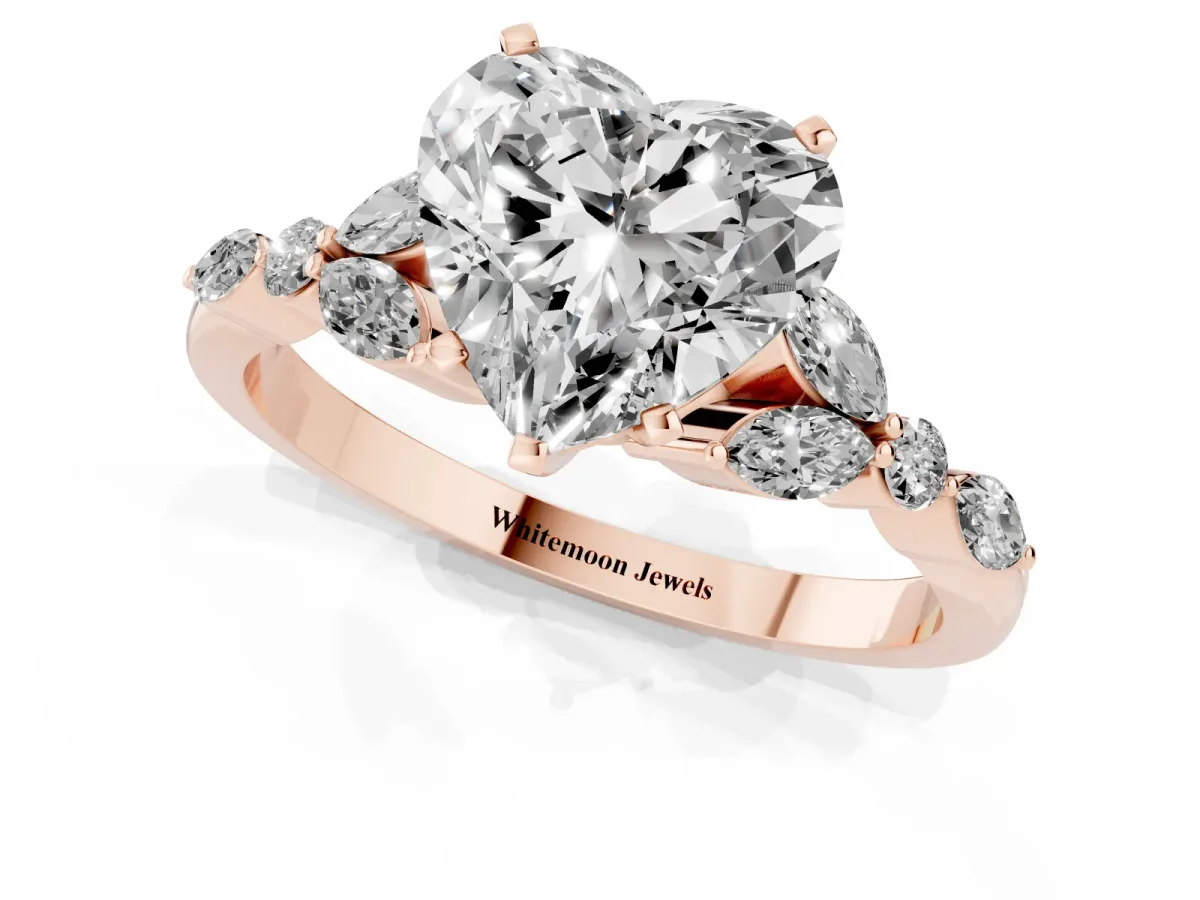 Heart Cut Diamond Solitaire Ring with Side Stones and Four-Prong Setting Rose gold