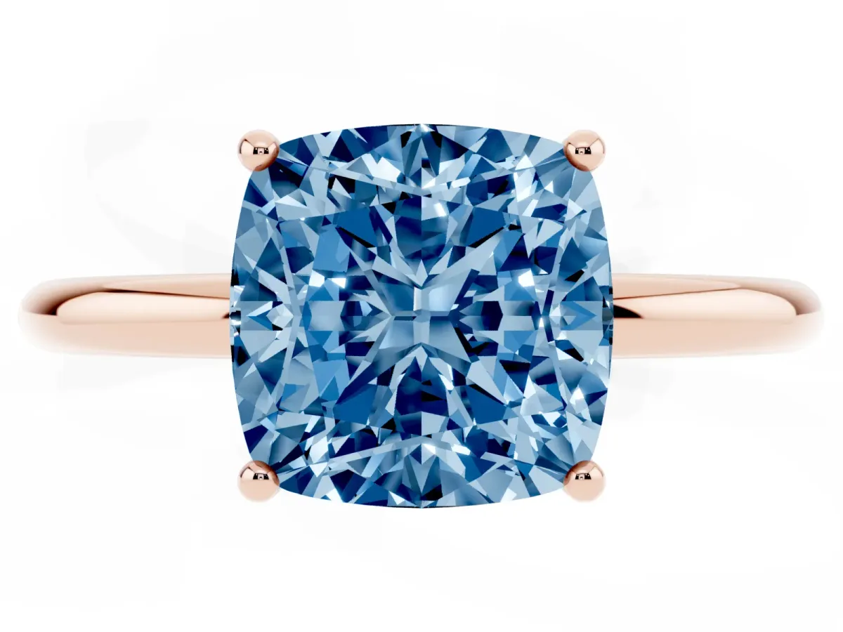 Fancy Blue Cushion Cut Solitaire Diamond Ring with a Classic Band and Four-Prong Setting Rose gold