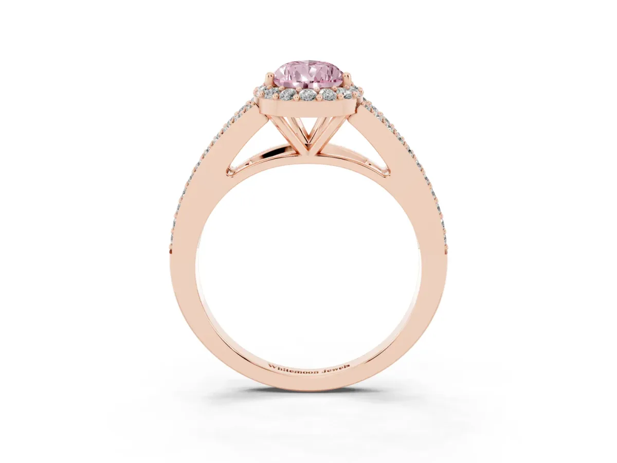 Fancy Pink Pear Cut Halo Split Shank Diamond Ring with Prong Setting Rose gold