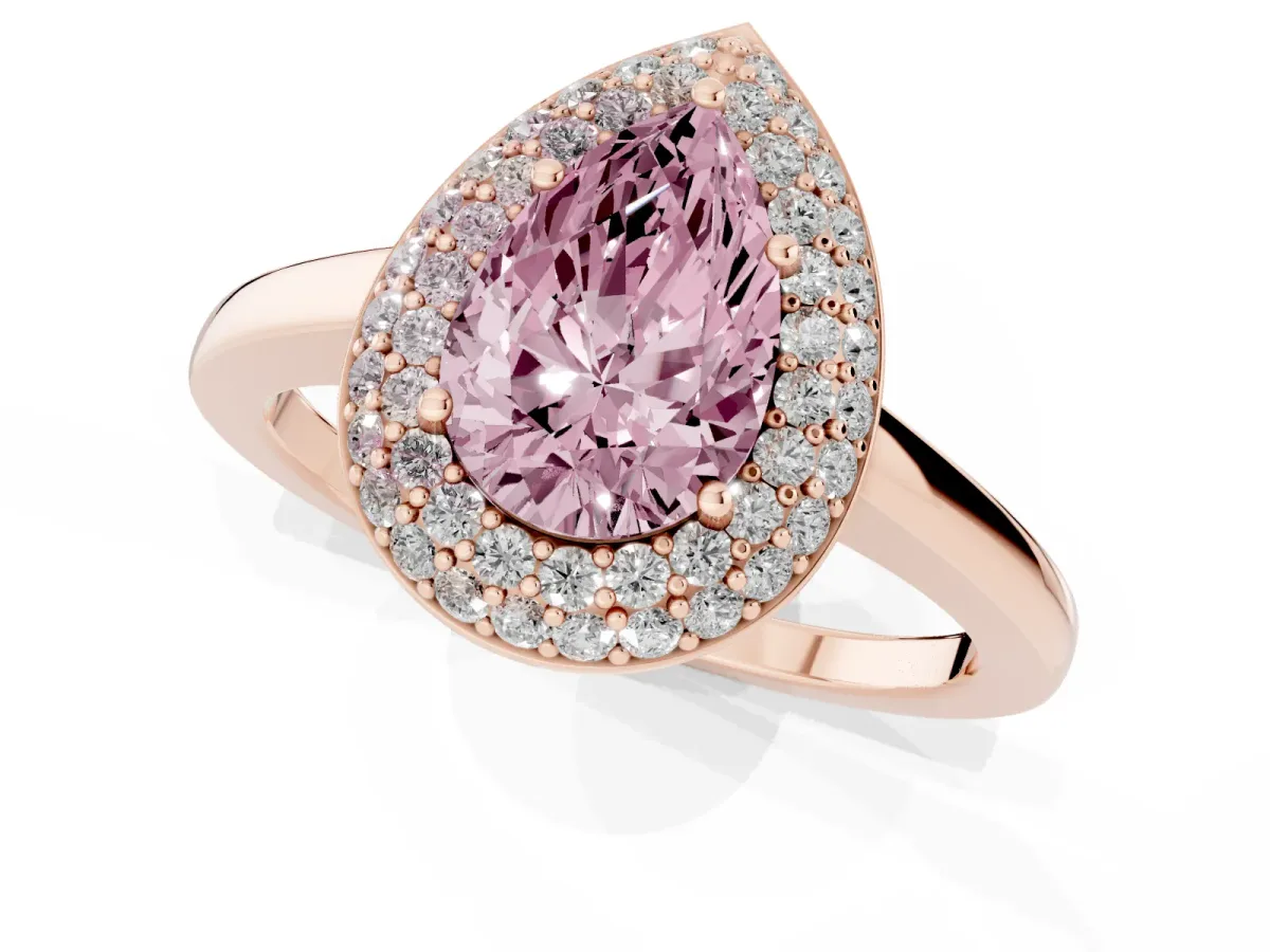 Fancy Pink Pear Cut Halo Diamond Engagement Ring with Solitaire Band and Four-Prong Setting Rose gold