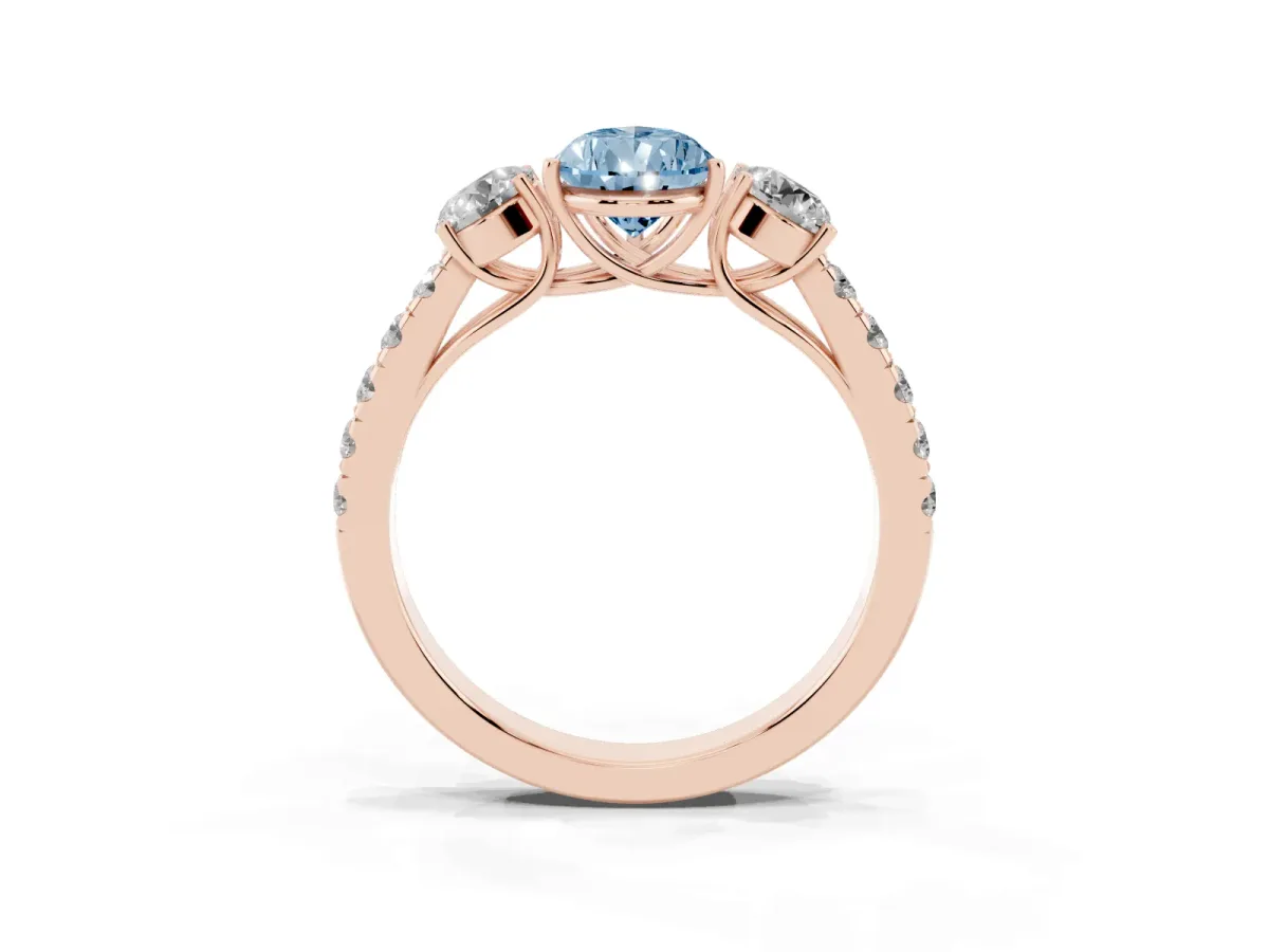 Fancy Blue Pear Cut Cut Diamond Three-Stone Ring with Round Side Stones and Pavé Band Rose gold
