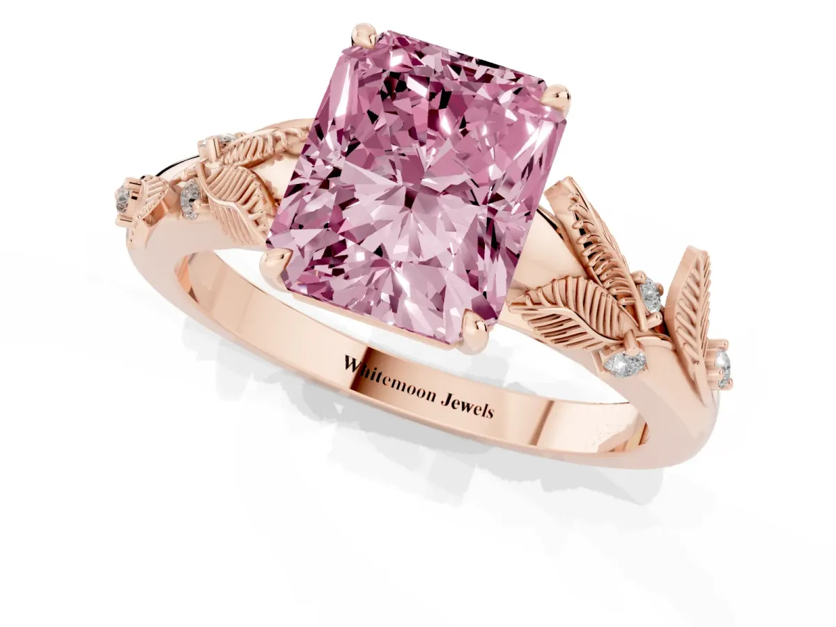 Fancy Pink Radiant Cut Diamond Solitaire Ring with Leaf Motif Band and Four-Prong Setting Rose gold