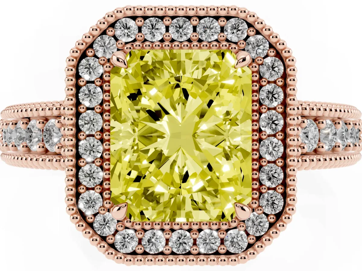 Fancy Yellow Radiant Cut Cut Halo Diamond Ring with Pavé Band and Four-Prong Setting Rose gold