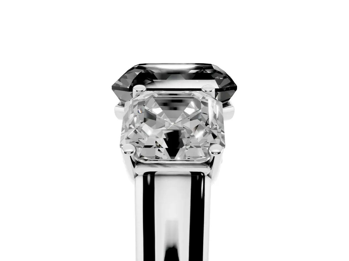 Fancy Black Asscher Cut Three-Stone Diamond Ring with Prong Setting on a Classic Band Platinum