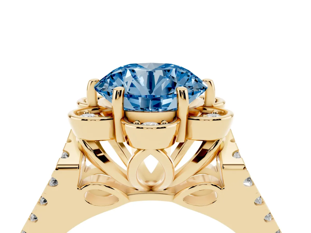 Fancy Blue Round Cut Halo Diamond Floral Split Shank Engagement Ring Yellow gold