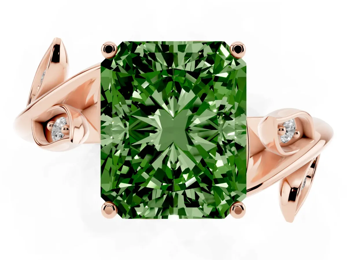 Fancy Green Radiant Cut Solitaire Twist Engagement Ring with Leaf Accents and Prong Setting Rose gold