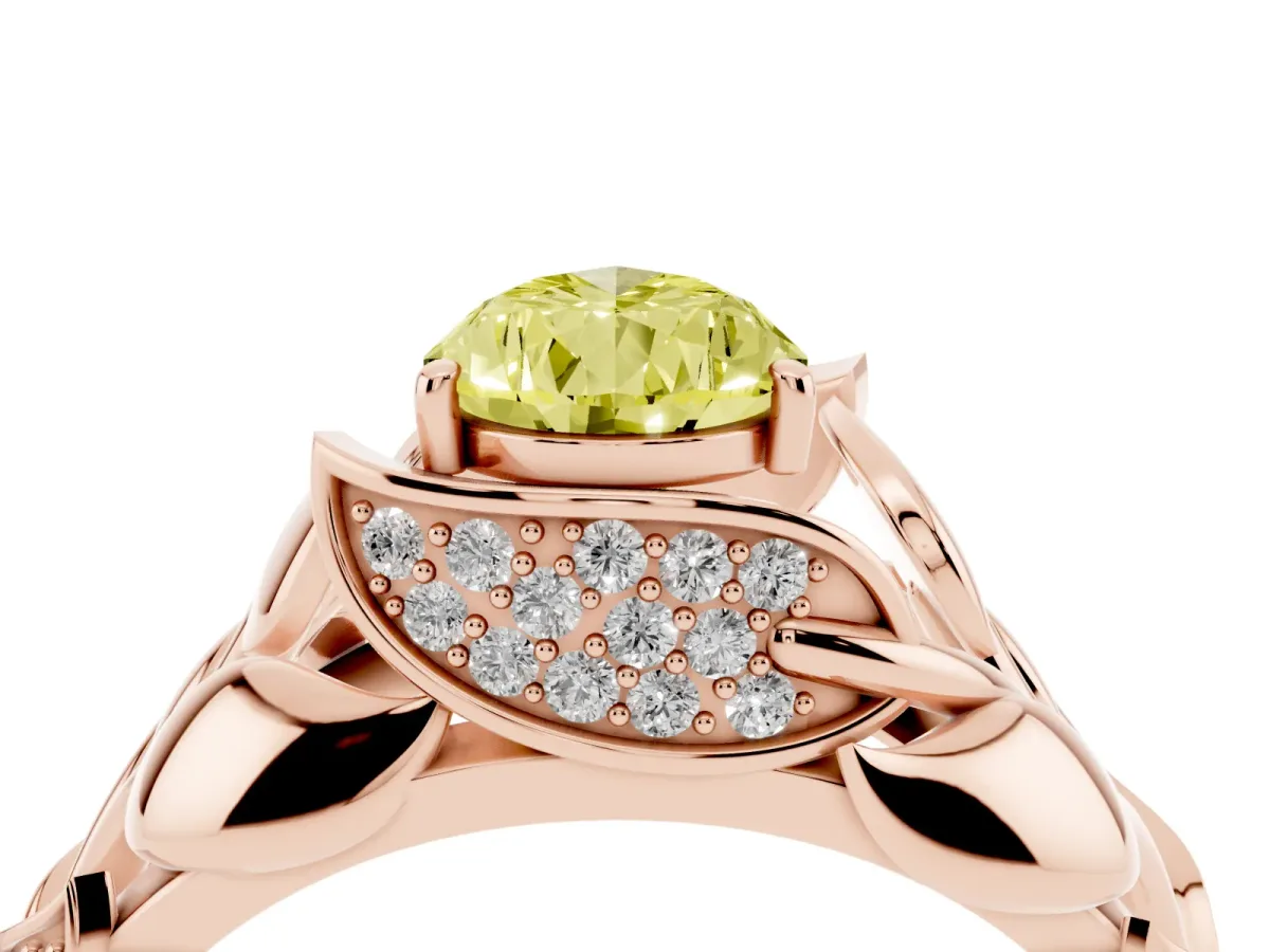 Fancy Yellow Pear Cut Diamond Leaf-Inspired Engagement Ring with Round Accents and Prong Setting Rose gold