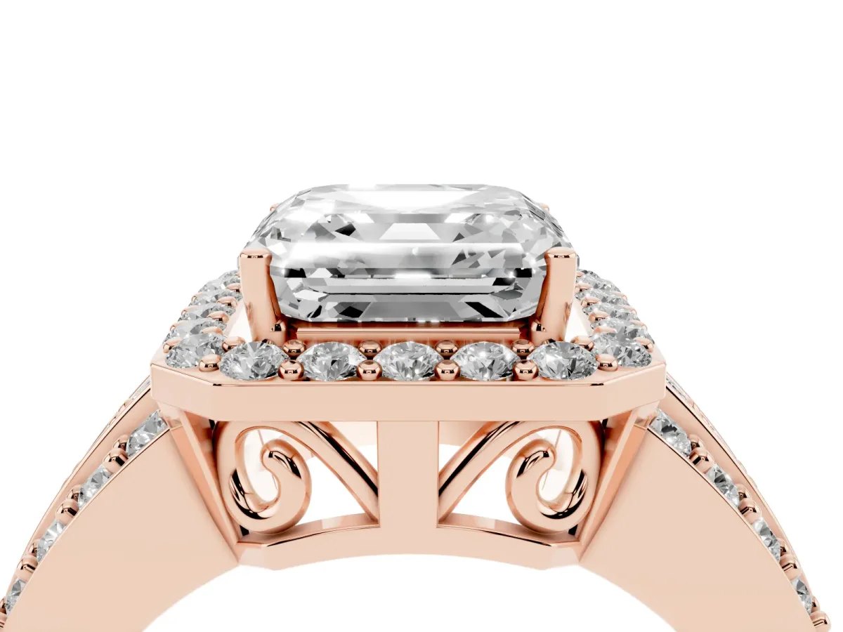 Asscher Cut Halo Diamond Ring with Round Split Shank and Prong Setting Rose gold