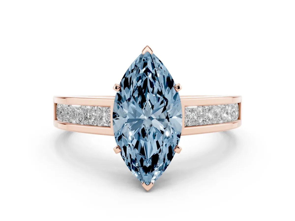 Fancy Blue Marquise Cut Solitaire Diamond Ring with Channel-Set Band and Four-Prong Setting Rose gold