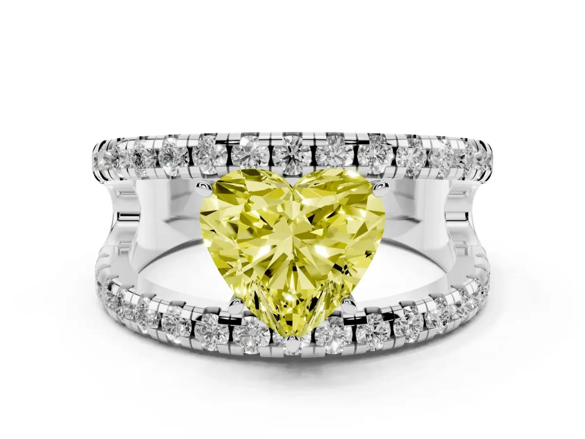 Fancy Yellow Heart Cut Solitaire Split Shank Pave Diamond Ring Platinum