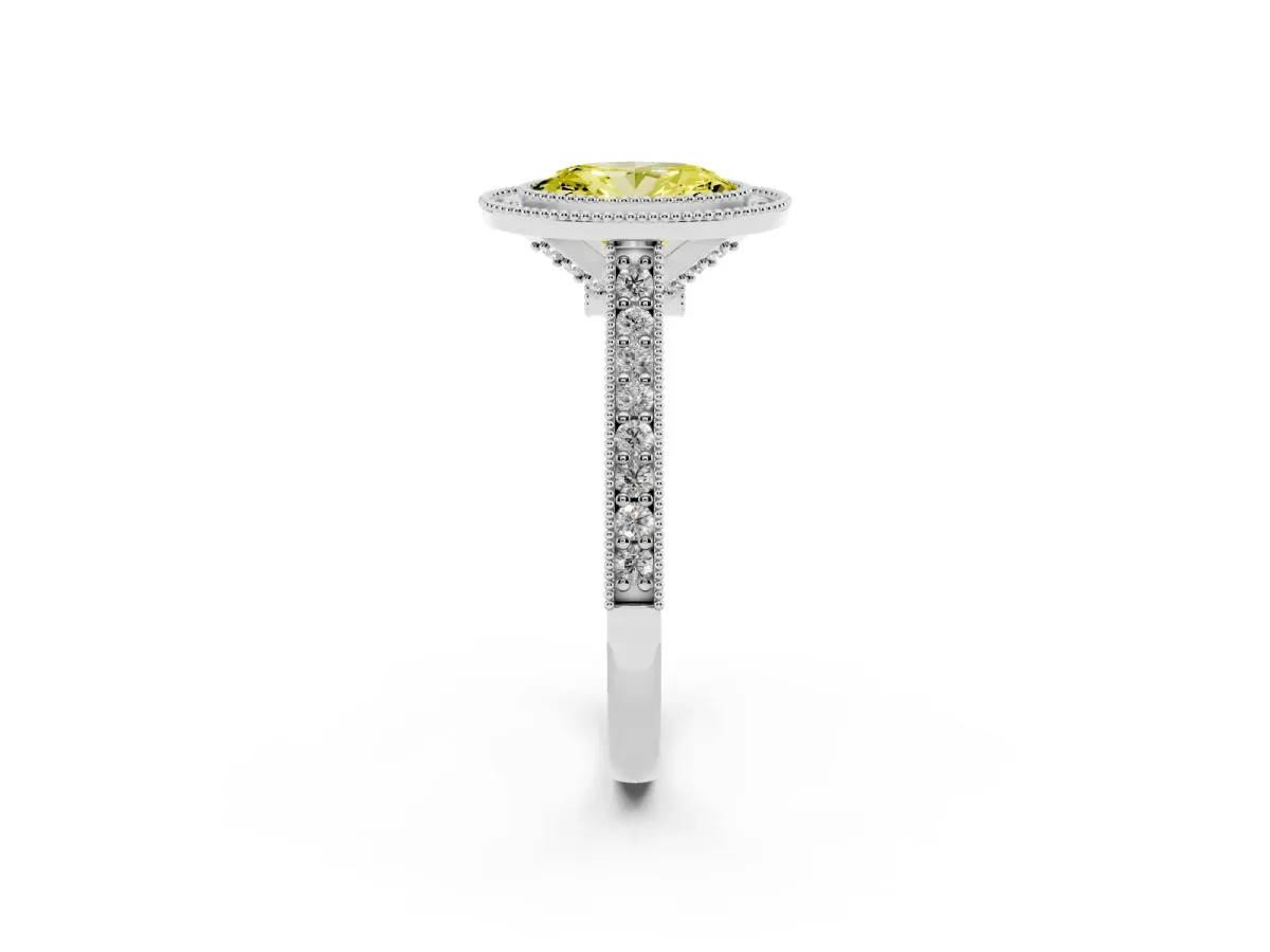 Fancy Yellow Halo Oval Cut-Cut Diamond Pave Band Milgrain Prong Setting Ring Silver