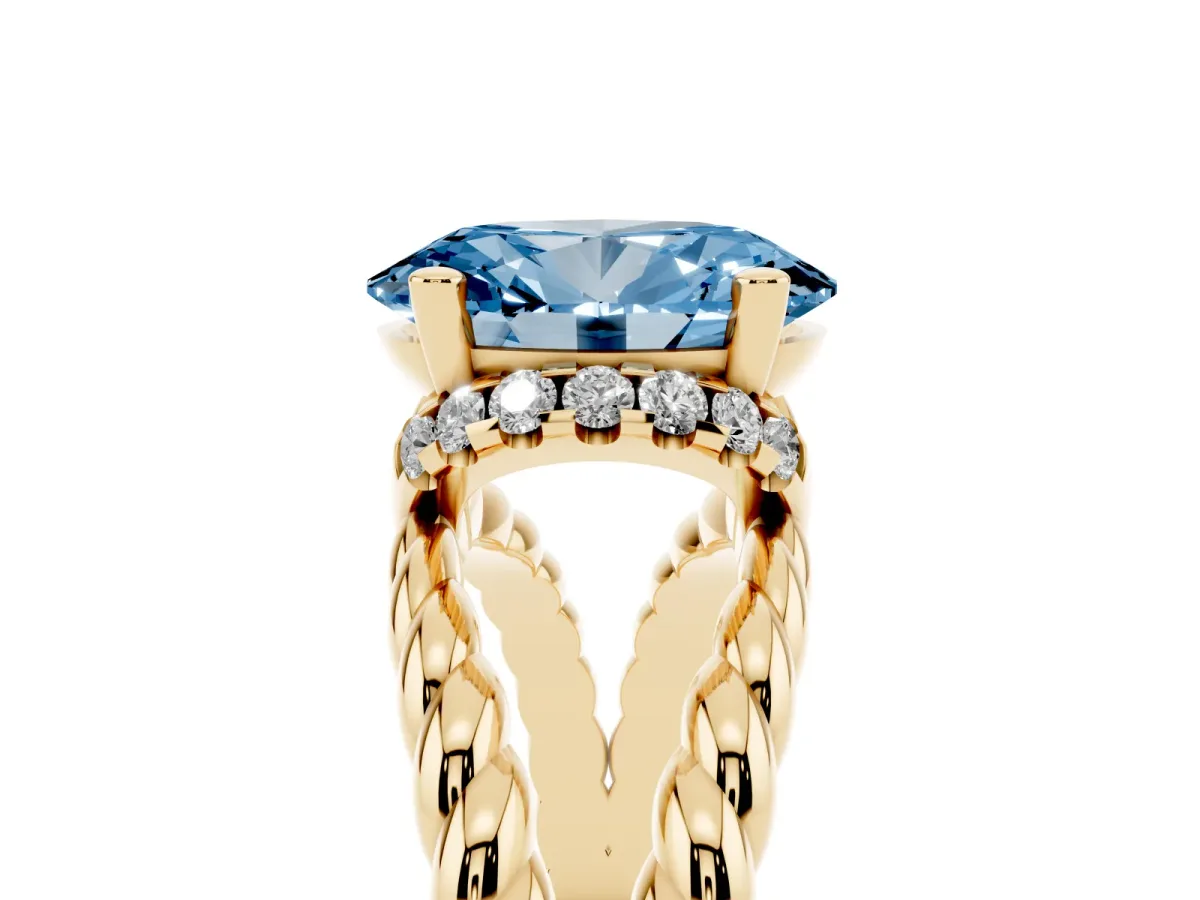 Fancy Blue Oval Cut Halo Twisted Band Four-Prong Ring Yellow gold