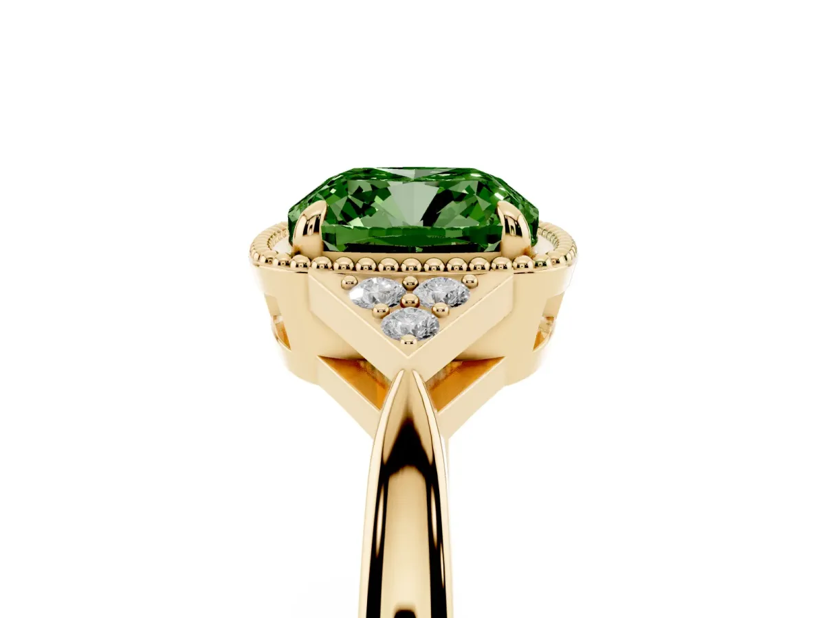 Fancy Green Cushion Cut Diamond Halo Ring with Tapered Band and Four-Prong Setting Yellow gold