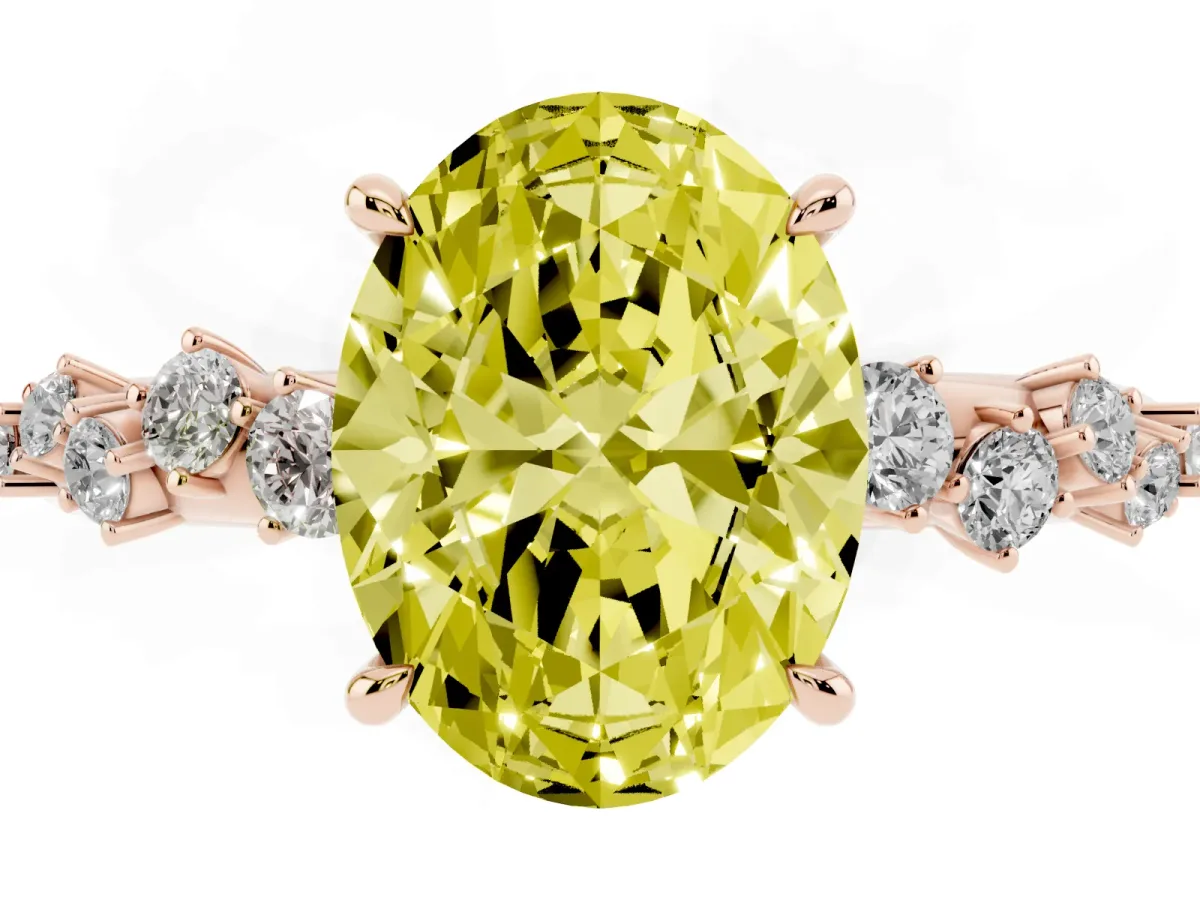 Fancy Yellow Oval Cut Diamond Cluster Side Stone Solitaire Ring with Prong Setting Rose gold