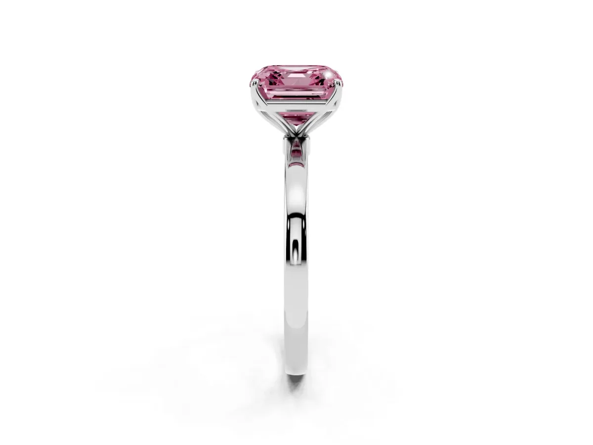Fancy Pink Asscher Cut Diamond Solitaire Ring with Thin Band and Prong Setting Silver